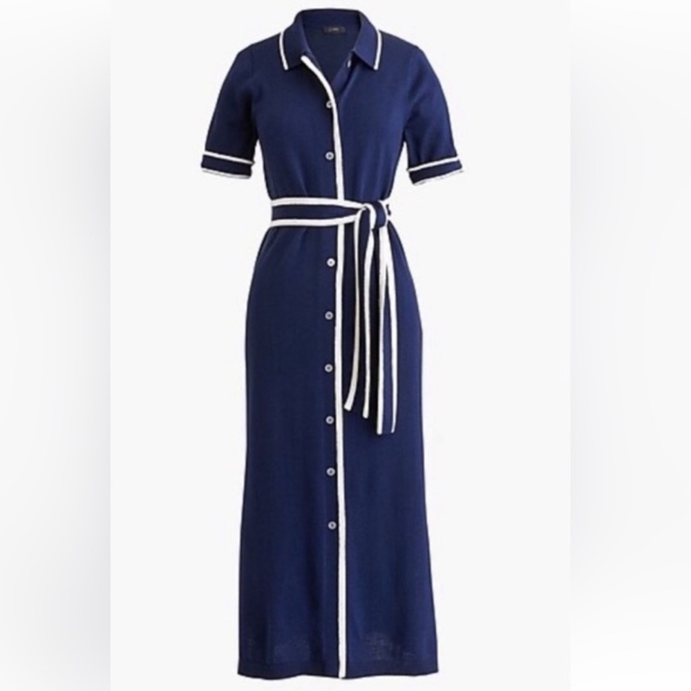 J.Crew Kaya Tipped Midi Navy Belted Merino Wool Sweater Shirt Dress small classy